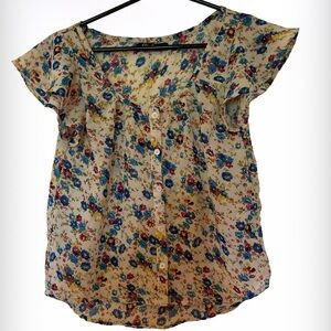Vintage 1960’s Floral print mock neck street wear society  chiffon blouse Sz S